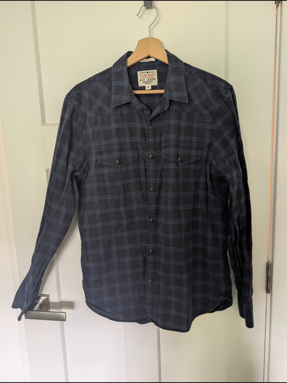 Lucky Brand Men's Navy and Light Blue Plaid Button-Down Shirt